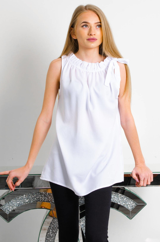 BIAŁA BLUZKA BEZ RĘKAWÓW Z WIĄZANIEM PRZY SZYI