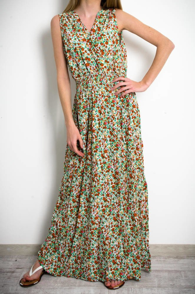 BIAŁA SUKIENKA MAXI W KWIATY-KOPERTOWY DEKOLT