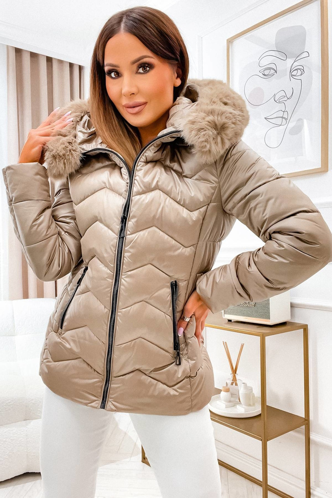 PIKOWANA POŁYSKUJĄCA KURTKA Z FUTERKIEM- BEŻOWA