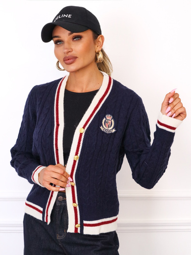 SWETER KARDIGAN Z WARKOCZOWYM SPLOTEM ZAPINANY NA GUZIKI-  GRANATOWY