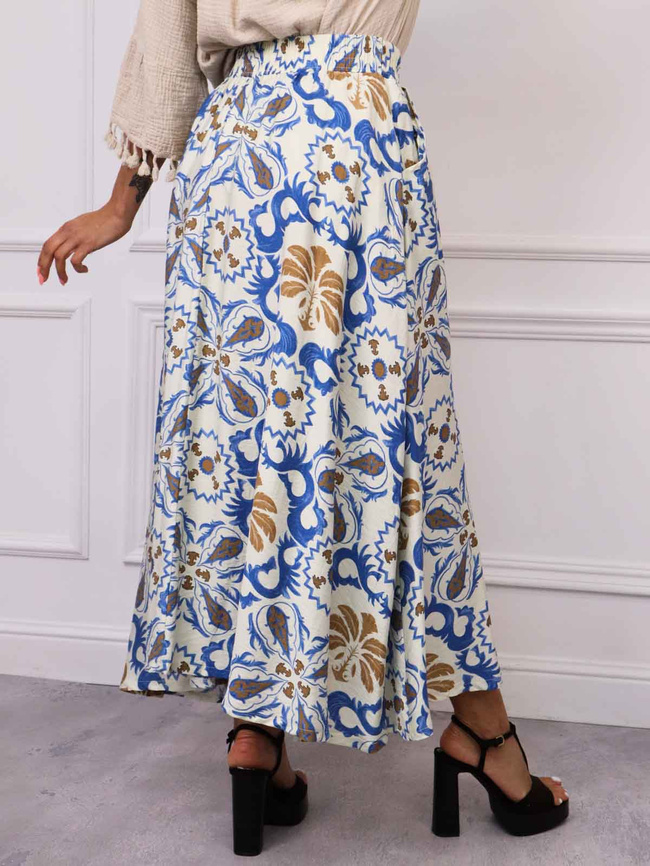 SPÓDNICA MAXI WZORZYSTA Z GUMĄ W PASIE- NIEBIESKA