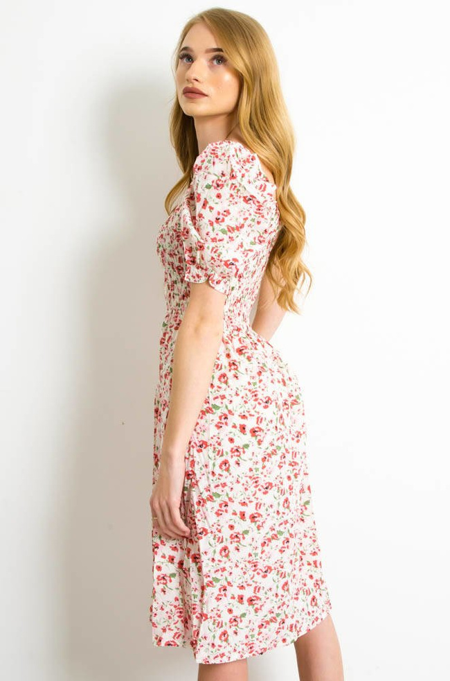 BIAŁA SUKIENKA Z BUFKAMI W RÓŻOWE KWIATY