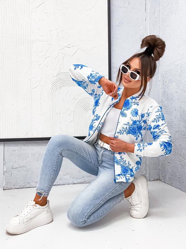 BLUZA WELUROWA W KWIECISTY WZÓR ZAPINANA NA ZAMEK- ECRU