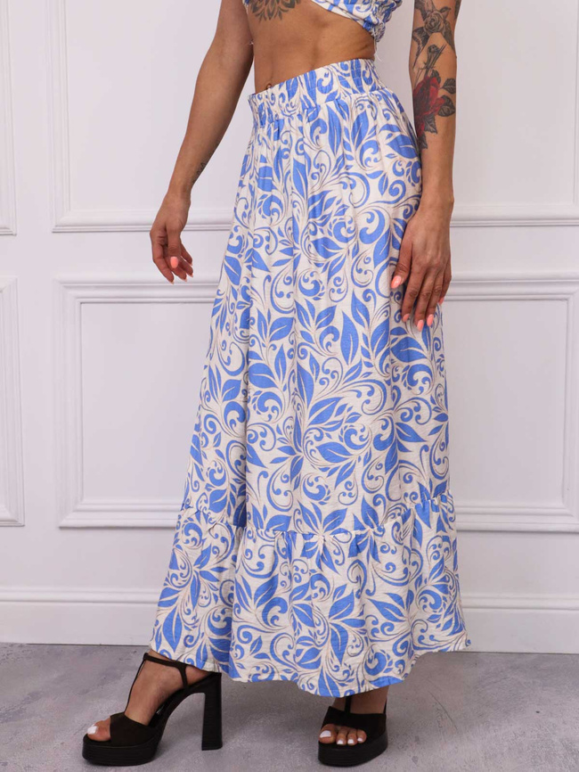 KOMPLET WZORZYSTY TOP+ SPÓDNICA Z ROZCIĘCIEM- NIEBIESKI