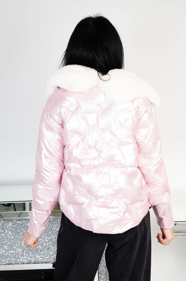 RÓŻOWA KURTKA Z BEŻOWYM KOŁNIERZEM-ŚCIĄGACZ W RĘKAWIE