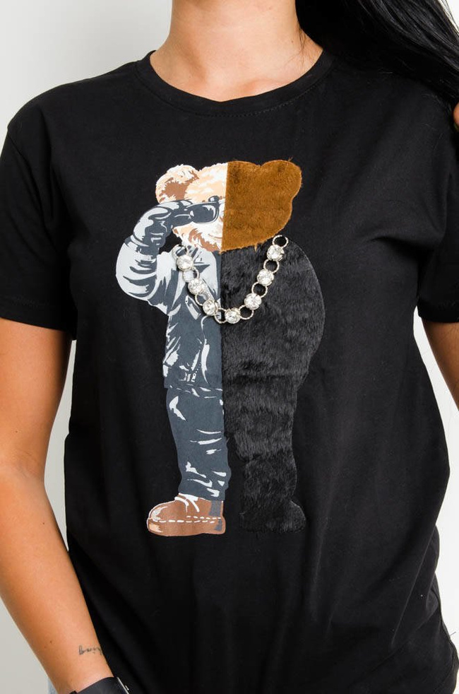 CZARNY T-SHIRT MIŚ Z OZBOBNYM ŁAŃCUSZKIEM 