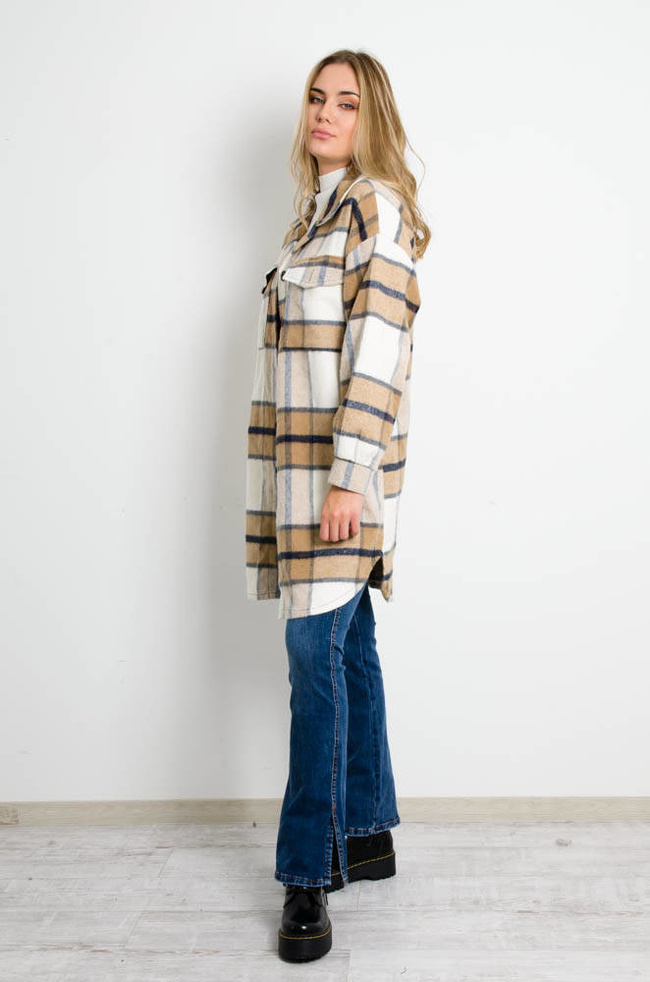 BEŻOWA FLANAELOWA KURTKA KOSZULOWA W KRATĘ 