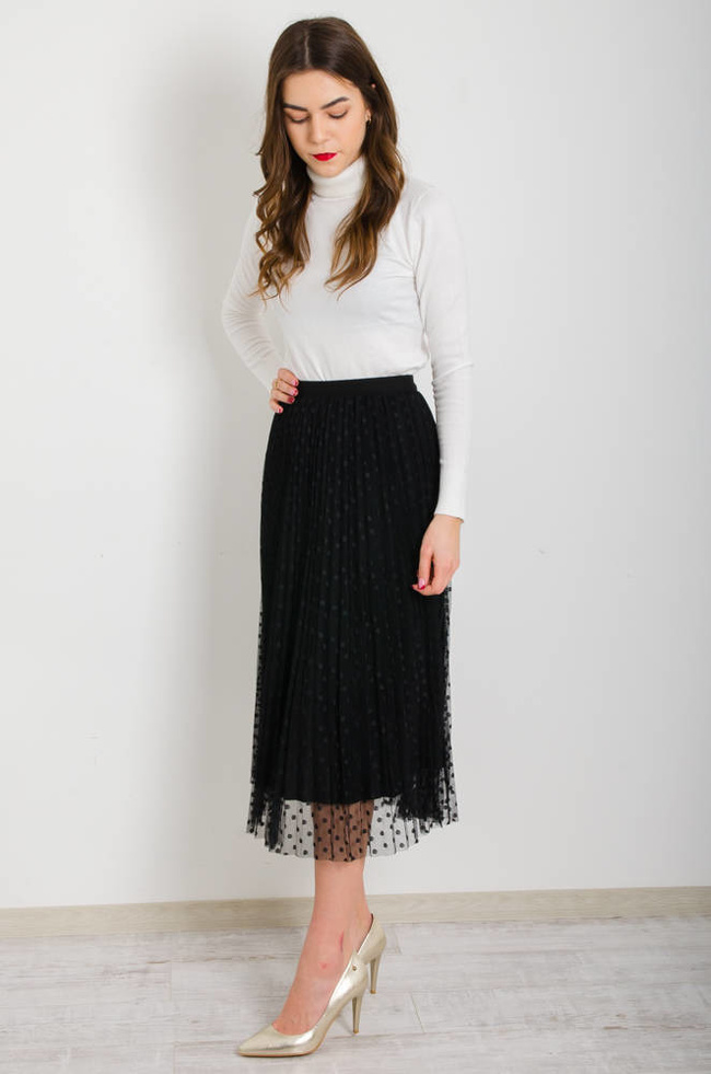CZARNA PLISOWANA SPÓDNICA MIDI Z TIULU W CZARNE KROPKI-DWUSTRONNA
