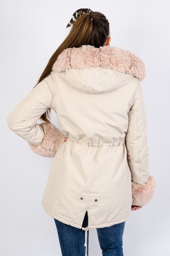 Beżowa kurtka parka z różowym futerkiem