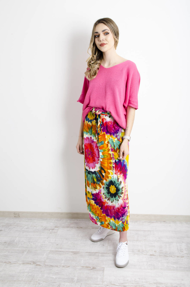 SWETER DZIANINOWY OVERSIZE Z KRÓTKIM RĘKAWEM- RÓŻOWY