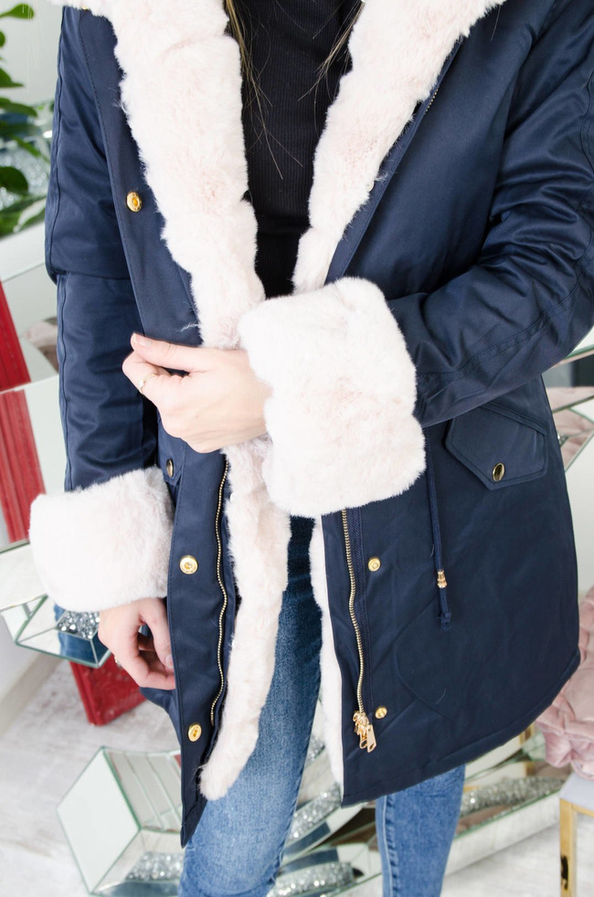 GRANATOWA ZIMOWA KURTKA PARKA Z BEŻOWYM FUTERKIEM-OCIEPLANA