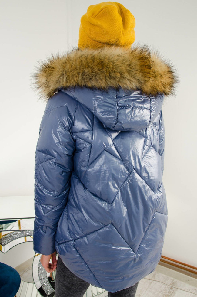 GRANATOWA  ASYMETRYCZNA PIKOWANA KURTKA Z KAPTUREM 