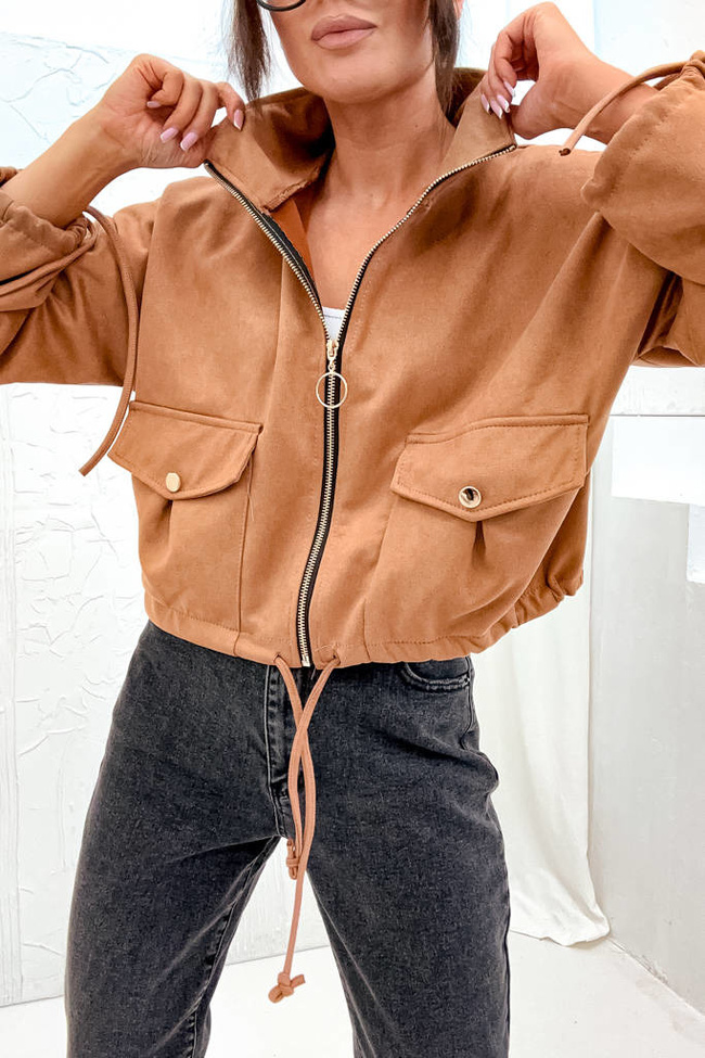 KURTKA ZAMSZOWA OVERSIZE Z KIESZENIAMI- BRĄZOWA