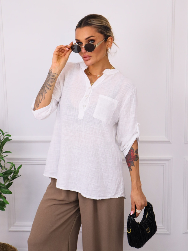 BLUZKA KOSZULOWA ASYMETRYCZNA Z LNEM- BIAŁA