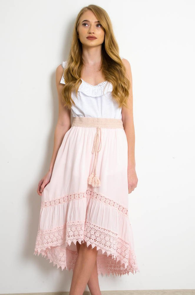 SPÓDNICA MIDI Z GUMĄ W PASIE ORAZ AŻUROWYM WYKOŃCZENIEM-JASNY RÓŻ