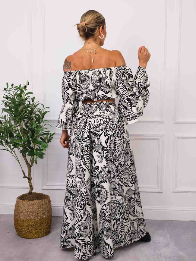 KOMPLET WZORZYSTY TOP+ SPODNIE- CZARNY