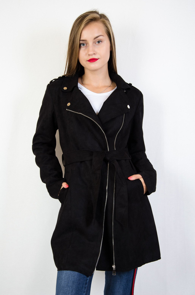 Czarny zamszowy płaszcz zapinany na zamek