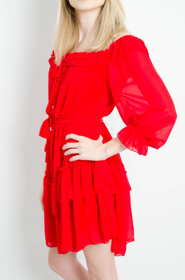 SUKIENKA SZYFONOWA Z HISZPAŃSKIM DEKOLTEM CZERWONA