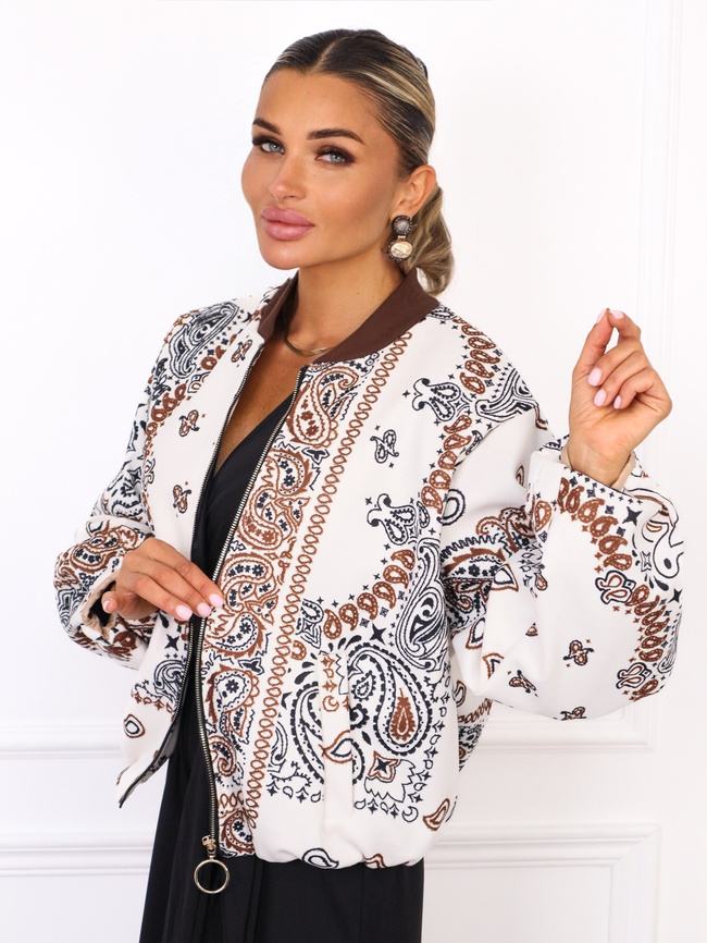 KURTKA BOMBERKA MATERIAŁOWA WE WZORY- BIAŁA