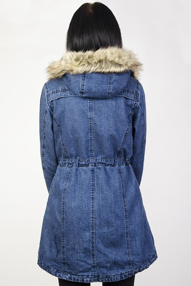 Parka jeansowa ocieplana białym futerkiem