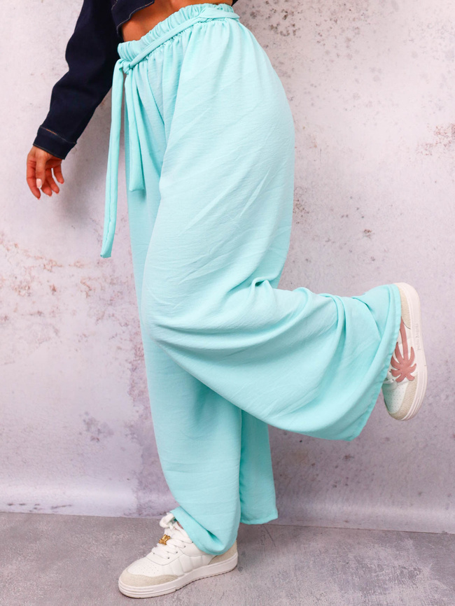 SPODNIE SZEROKIE Z GUMĄ I WIĄZANIEM W PASIE- MIĘTOWE