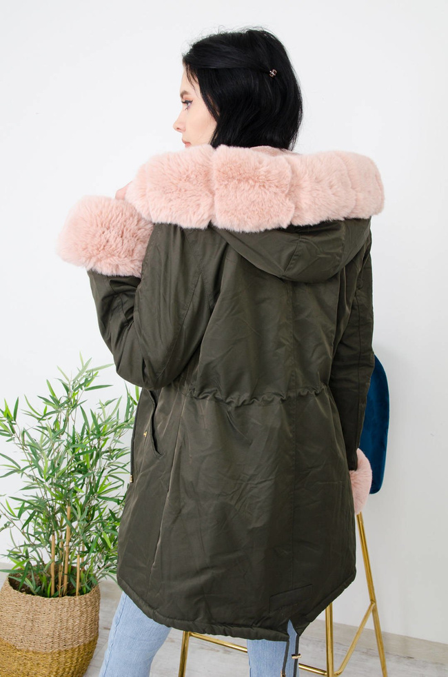 ZIELONA KURTKA PARKA Z RÓŻOWYM FUTERKIEM