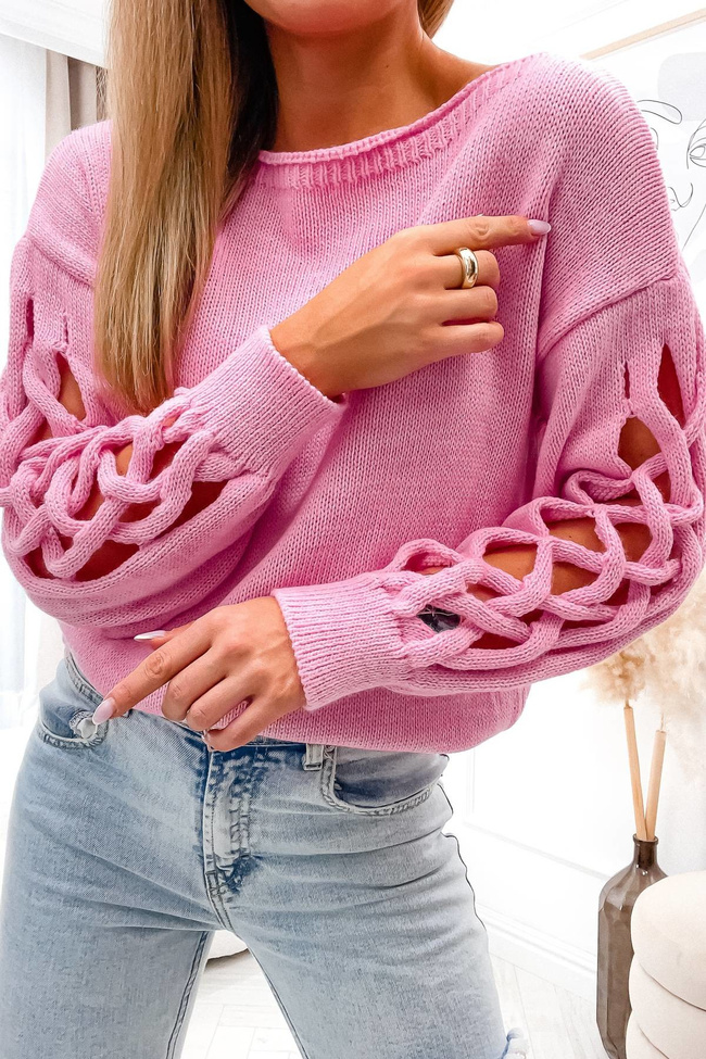 SWETER Z OZDOBNYM SPLOTEM NA RĘKAWACH- RÓŻOWY