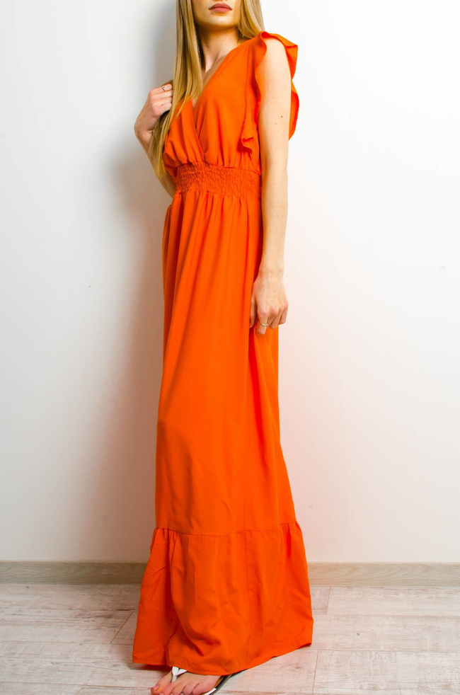DŁUGA POMARAŃCZOWA SUKIENKA Z KOPERTOWYM DEKOLTEM