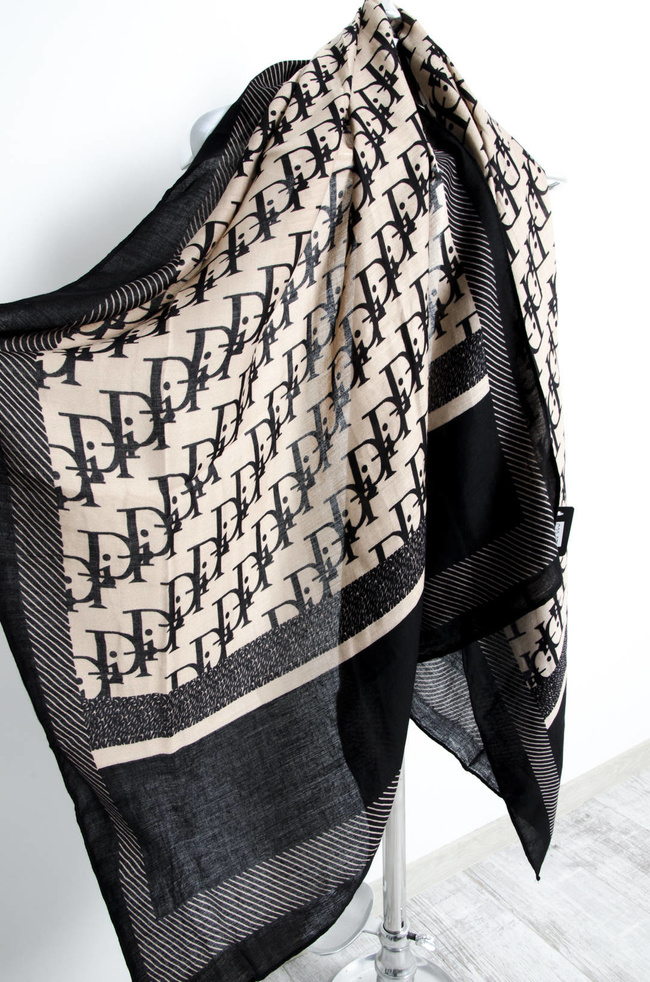 BEŻOWO-CZARNY WZORZYSTY SZAL 