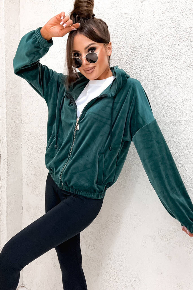 BLUZA ZAMSZOWA Z OZDOBNYM ZAMKIEM- BUTELKOWA ZIELEŃ