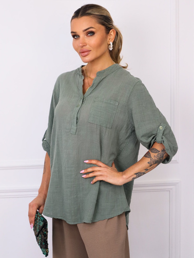 BLUZKA KOSZULOWA ASYMETRYCZNA Z LNEM- ZIELONA
