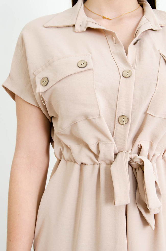 BEŻOWA MAXI SZMIZJERKA Z WIĄZANIEM W PASIE