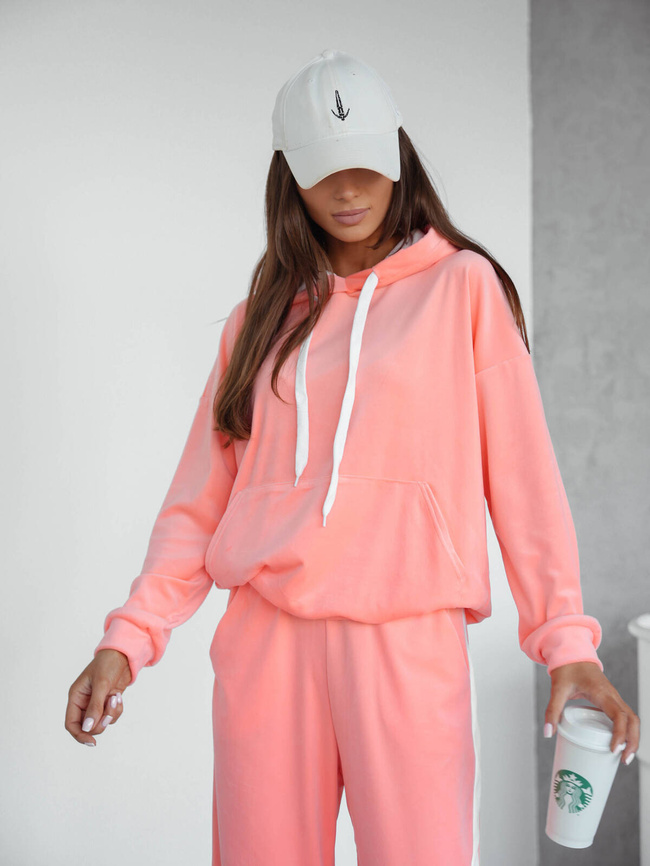 KOMPLET WELUROWY BLUZA+ SPODNIE Z KONTRASTOWYMI LAMPASAMI-BRZOSKWINIOWY