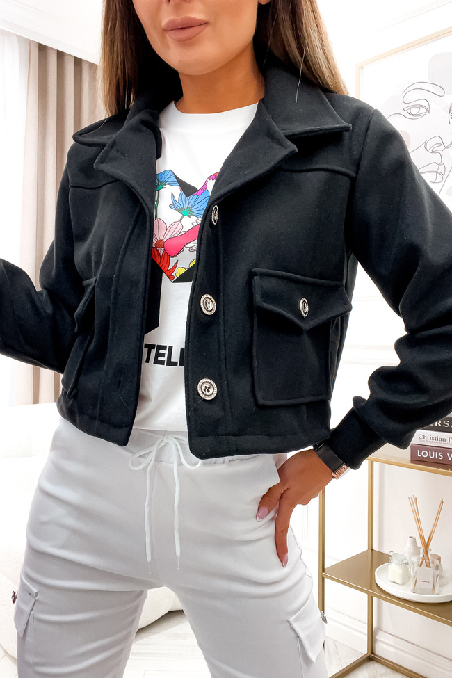 KRÓTKA KURTKA KOSZULOWA NA GUZIKI- CZARNA