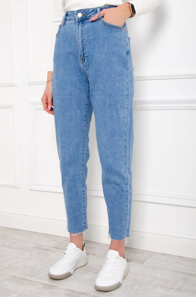 SPODNIE JEANSOWE MOM STRETCH Z PRZETARCIAMI- WYSOKI STAN