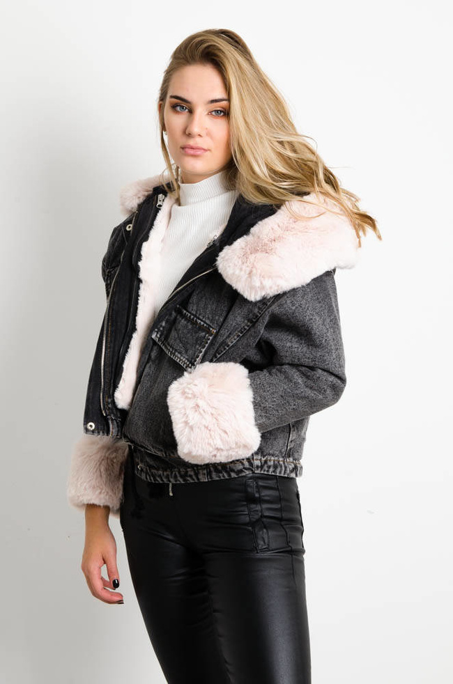 CZARNA JEANSOWA KURTKA Z ODPINANYM FUTERKIEM