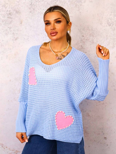 SWETER Z SERDUSZKAMI OVERSIZE- NIEBIESKI