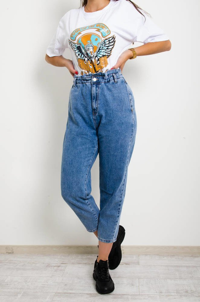 GRANATOWE JEANSY MOM FIT Z GUMKĄ W PASIE-WYSOKI STAN