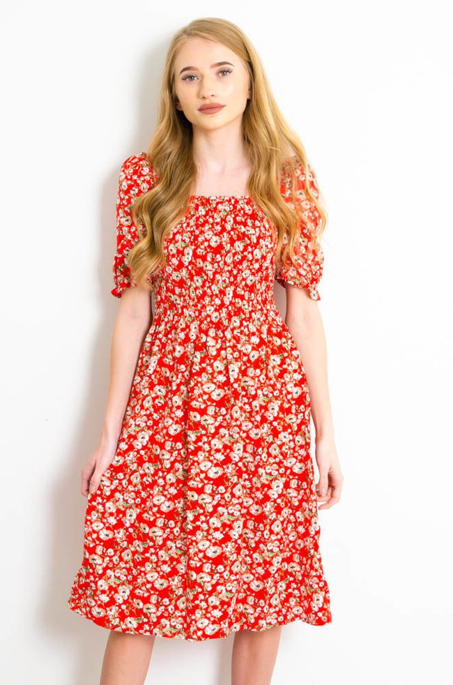 CZERWONA SUKIENKA Z BUFKAMI W DROBNE KWIATY