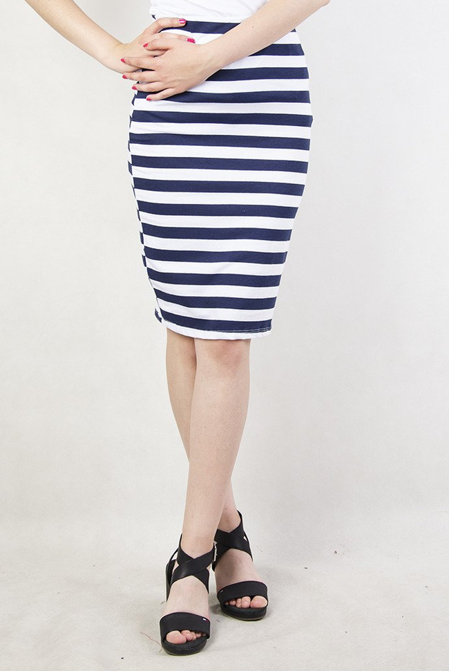 Biało-granatowa spódnica w szerokie paski