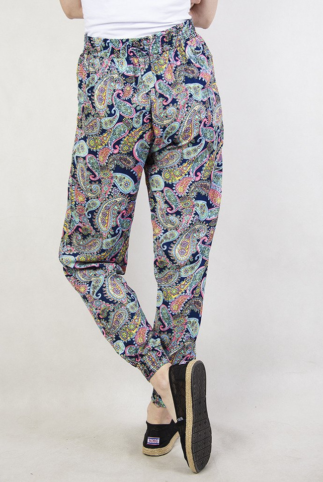 Wzorzyste spodnie alladynki niebiesko-granatowe