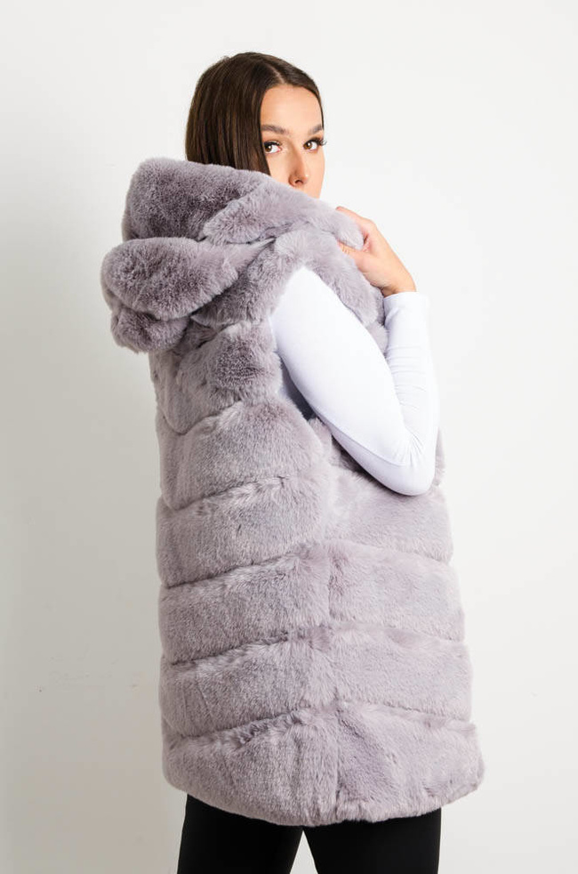 SZARA FUTRZANA KAMIZELKA Z KAPTUREM