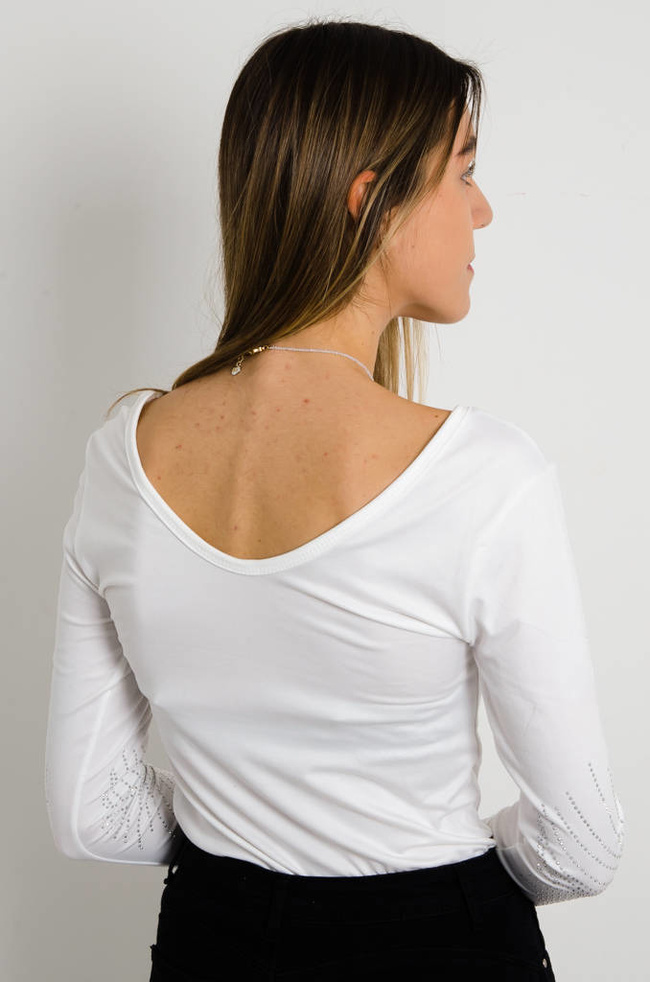 BLUZKA Z OZDOBNYMI CYRKONIAMI NA RĘKAWACH- BIAŁA