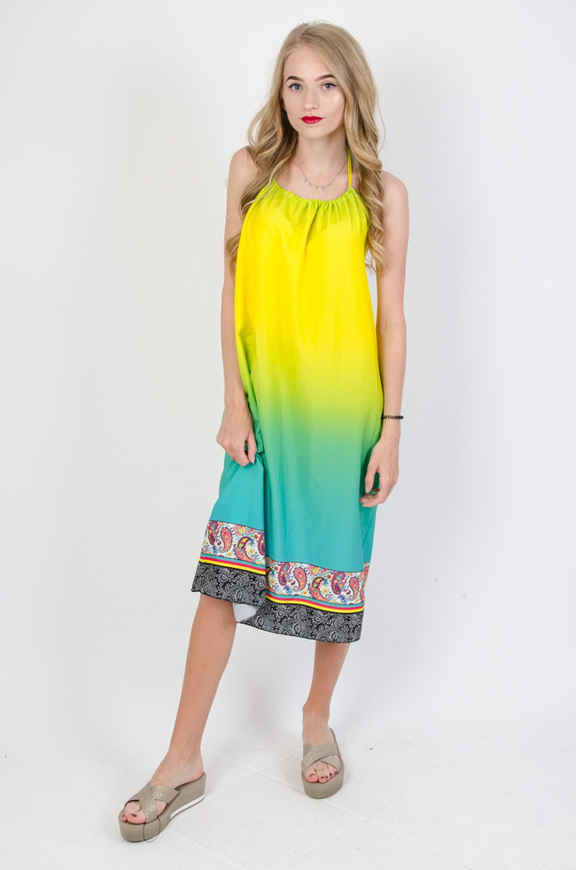 Kolorowa sukienka z wiązaniem na szyi oraz odkrytymi plecami