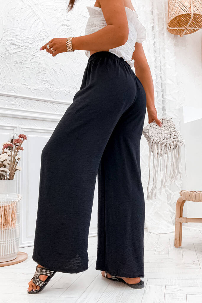 SPODNIE SZEROKIE Z GUMĄ I WIĄZANIEM W PASIE- CZARNE