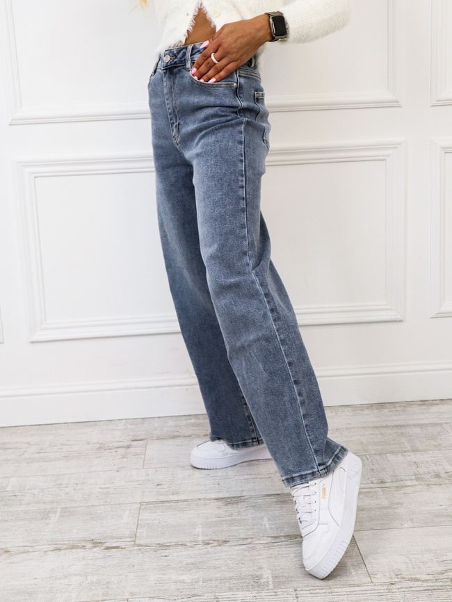 SPODNIE JEANSOWE Z SZEROKĄ NOGAWKĄ I WYSOKIM STANEM- CIEMNONIEBIESKIE