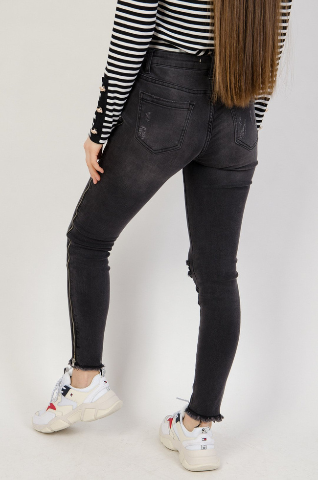 Szare spodnie jeansowe z lampasami suwakami