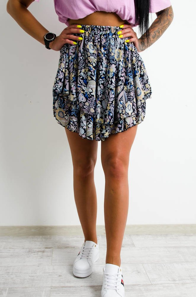 GRANATOWA ROZKLOSZOWANA ZWIEWNA SPÓDNICA W KWIATY