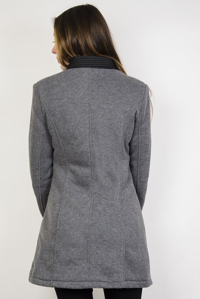 Ciemno-szary płaszcz wiosenny ze skórkowymi wstawkami