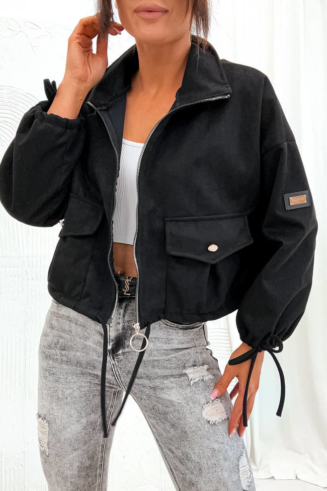 KURTKA ZAMSZOWA OVERSIZE Z KIESZENIAMI- CZARNA